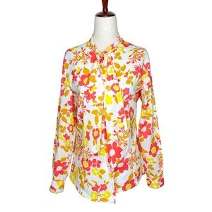 Vintage 70s Bright Floral Neck Bow Tie Button Up Blouse